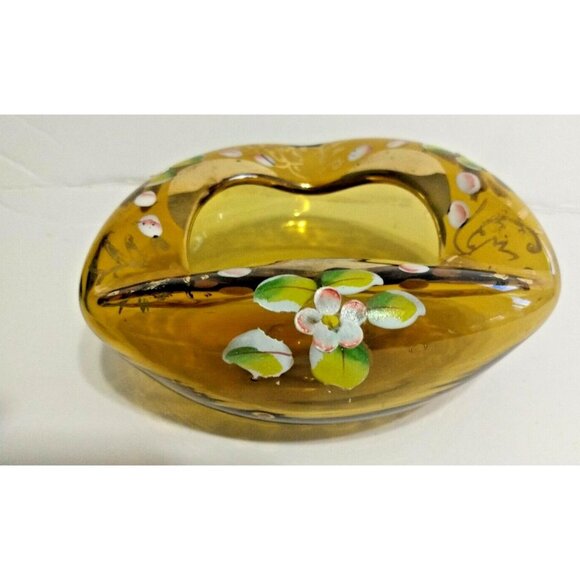 Vintage Bohemian Czech Glass Hand Blown/Painted Amber Gold Gild Dish/Ashtray - Picture 1 of 10